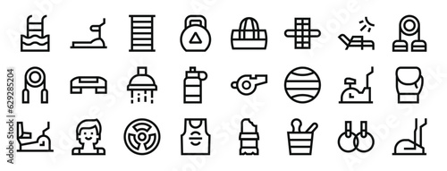 set of 24 outline web gym icons such as pool, treadmill, wall, weight, bag, abdominal, solarium vector icons for report, presentation, diagram, web design, mobile app