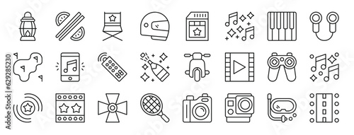 set of 24 outline web amusement icons such as lantern, chopsticks, director chair, helmet, ticket, music, piano vector icons for report, presentation, diagram, web design, mobile app
