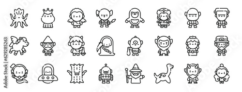 set of 24 outline web fantastic characters icons such as kraken, frog, angel, goblin, bigfoot, princess, ogre vector icons for report, presentation, diagram, web design, mobile app