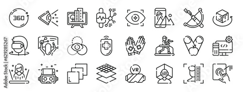 set of 24 outline web virtual reality icons such as degrees, vision, television, smartwatch, eye, augmented reality, arc vector icons for report, presentation, diagram, web design, mobile app