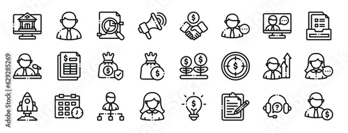 set of 24 outline web business icons such as internet  businessman  analyzing  promotion  deal  male  video call vector icons for report  presentation  diagram  web design  mobile app