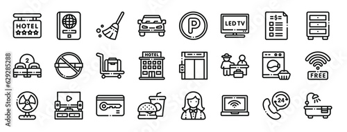 set of 24 outline web hotel icons such as , passport, broom, car, parking, led, price list vector icons for report, presentation, diagram, web design, mobile app