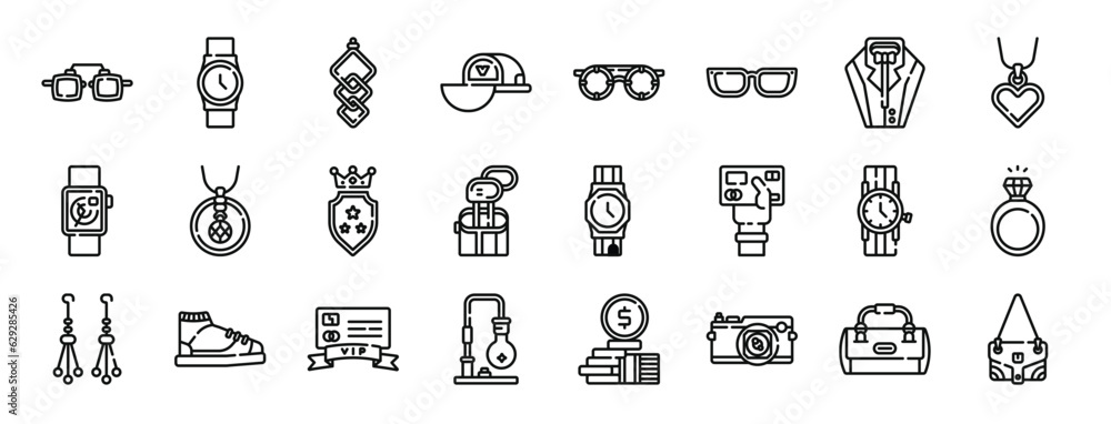 set of 24 outline web luxury shop icons such as glasses, watch, earrings, cap, glasses, glasses, suit vector icons for report, presentation, diagram, web design, mobile app set of 24 outline web luxury shop icons such as glasses, watch, earrings, cap, glasses, glasses, suit vector icons for report, presentation, diagram, web design, mobile app