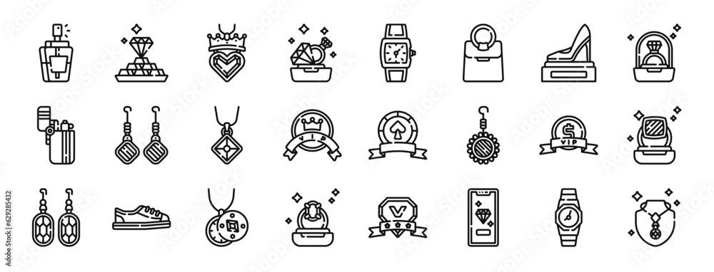 set of 24 outline web luxury shop icons such as perfume, treasure, necklace, treasure, watch, bag, stiletto vector icons for report, presentation, diagram, web design, mobile app