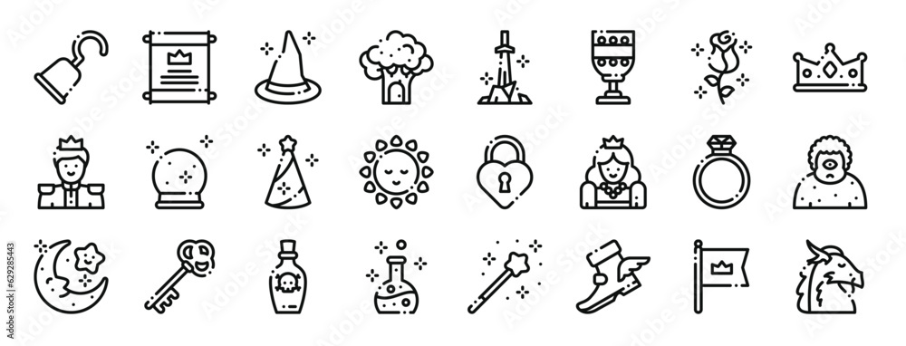 set of 24 outline web fairytale icons such as hook, announcement, witch hat, tree house, sword, goblet, rose vector icons for report, presentation, diagram, web design, mobile app set of 24 outline web fairytale icons such as hook, announcement, witch hat, tree house, sword, goblet, rose vector icons for report, presentation, diagram, web design, mobile app