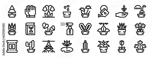 set of 24 outline web house plants icons such as pine, gloves, harebell, seeds, carnivorous plant, watering can, sprout vector icons for report, presentation, diagram, web design, mobile app