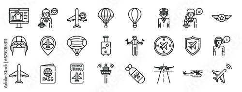 set of 24 outline web aviation icons such as scan, stewardess, flight time, parachute, hot air balloon, pilot, stewardess vector icons for report, presentation, diagram, web design, mobile app
