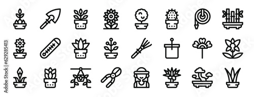 set of 24 outline web house plants icons such as plant, shovel, plant, sunflower, myrtus, cactus, hose vector icons for report, presentation, diagram, web design, mobile app