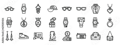 set of 24 outline web luxury shop icons such as glasses  watch  earrings  cap  glasses  glasses  suit vector icons for report  presentation  diagram  web design  mobile app