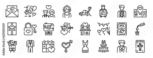set of 24 outline web wedding icons such as wedding card, dove, newlyweds, bride, car, honeymoon, groom vector icons for report, presentation, diagram, web design, mobile app
