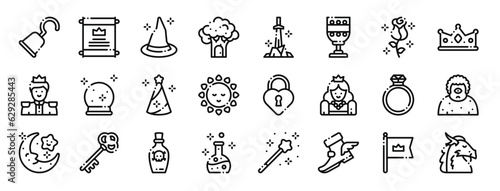 set of 24 outline web fairytale icons such as hook, announcement, witch hat, tree house, sword, goblet, rose vector icons for report, presentation, diagram, web design, mobile app