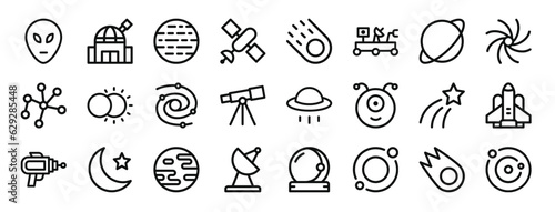 set of 24 outline web space icons such as alien  observatory  jupiter  satellite  comet  rover  planet vector icons for report  presentation  diagram  web design  mobile app