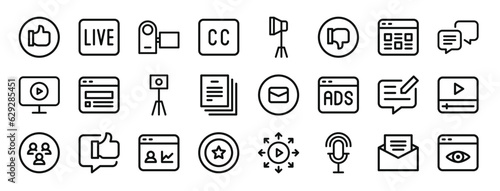 set of 24 outline web influencer icons such as like, live, camcorder, caption, spotlight, dislike, post vector icons for report, presentation, diagram, web design, mobile app