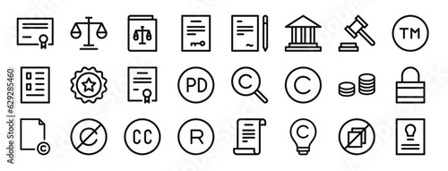 set of 24 outline web copyright icons such as patent, legal, law book, ownership, , courthouse, law vector icons for report, presentation, diagram, web design, mobile app