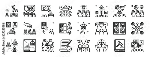 set of 24 outline web election world icons such as consensus, consensus, policy, senate, democracy, campaign, role vector icons for report, presentation, diagram, web design, mobile app