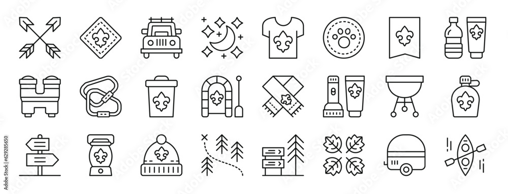 set of 24 outline web scouts icons such as arrows, fleur de lis, car, night, tshirt, paw, fleur de lis vector icons for report, presentation, diagram, web design, mobile app