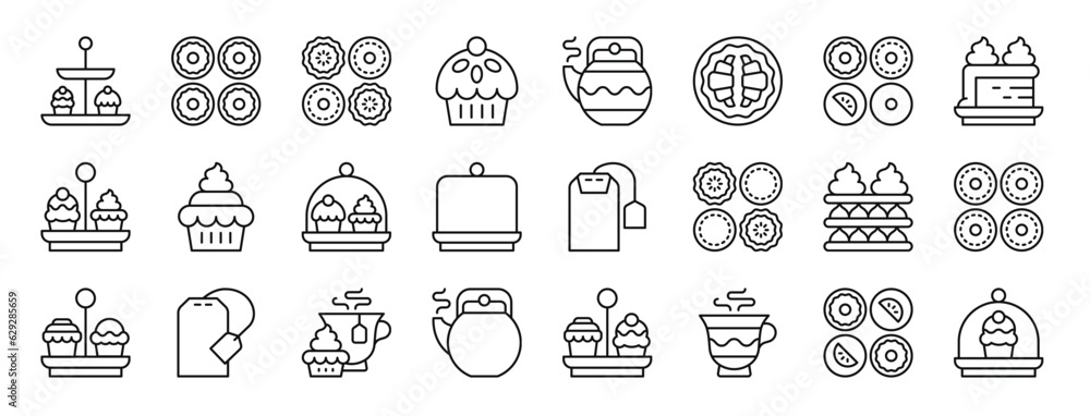 set of 24 outline web high tea icons such as cupcakes, biscuits, pie, cupcake, teapot, croissant, pies vector icons for report, presentation, diagram, web design, mobile app