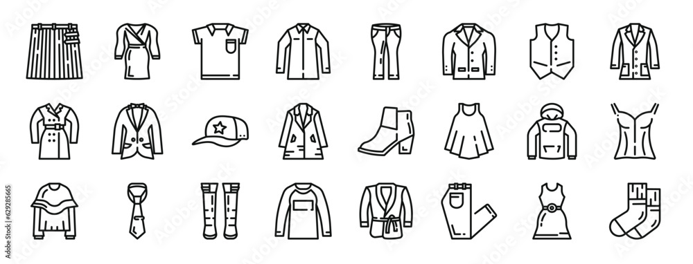set of 24 outline web fashion style icons such as skirt, dress, shirt, shirt, jeans, suit, vest suit vector icons for report, presentation, diagram, web design, mobile app set of 24 outline web fashion style icons such as skirt, dress, shirt, shirt, jeans, suit, vest suit vector icons for report, presentation, diagram, web design, mobile app
