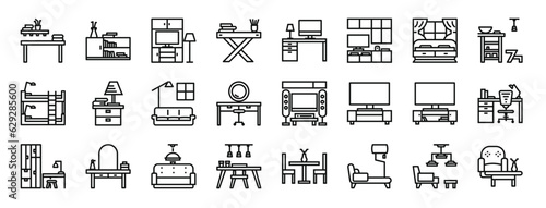 set of 24 outline web interior furniture icons such as table, bookshelf, cupboard, desk, desk, cabinet, bedroom vector icons for report, presentation, diagram, web design, mobile app