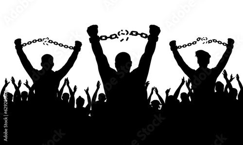 Silhouette of men break chain of handcuffs on background of cheerful crowd people. Concept of freedom. Vector illustration.