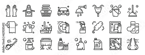 set of 24 outline web hygiene icons such as gloves, apron, laundry, car, shower, broom, bucket vector icons for report, presentation, diagram, web design, mobile app