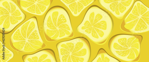 Lemons close up composition. Distorted fruit collection. Yellow banner, summer concept, surrealism and fantasy. 