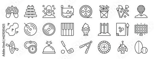 set of 24 outline web hobbies icons such as gamepad, xylophone, snowboarding, snorkeling, film reel, asian, art vector icons for report, presentation, diagram, web design, mobile app