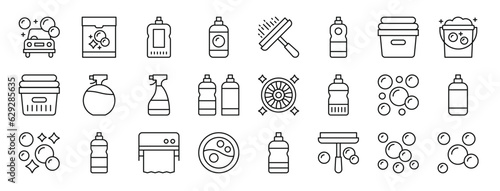 set of 24 outline web housekeeping icons such as car wash, laundry, cleaner, cleaner, window cleaner, clean, laundry vector icons for report, presentation, diagram, web design, mobile app
