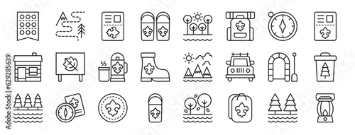 set of 24 outline web scouts icons such as rank, route, id card, sleeping bag, trees, backpack, compass vector icons for report, presentation, diagram, web design, mobile app