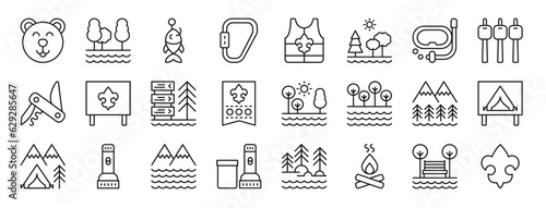 set of 24 outline web scouts icons such as bear, trees, fishhook, carabiner, life vest, nature, snorkel vector icons for report, presentation, diagram, web design, mobile app