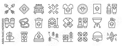 set of 24 outline web scouts icons such as arrows, fleur de lis, car, night, tshirt, paw, fleur de lis vector icons for report, presentation, diagram, web design, mobile app