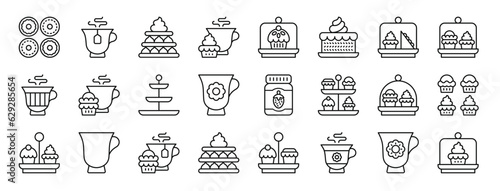 set of 24 outline web high tea icons such as pie  tea  tart  tea  cake dome  cake  cake dome vector icons for report  presentation  diagram  web design  mobile app