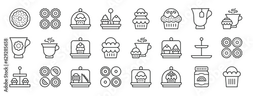 set of 24 outline web high tea icons such as pie  pie  cake dome  tea stand  cupcake  cupcake  teacup vector icons for report  presentation  diagram  web design  mobile app