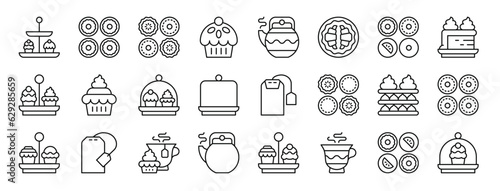 set of 24 outline web high tea icons such as cupcakes  biscuits  pie  cupcake  teapot  croissant  pies vector icons for report  presentation  diagram  web design  mobile app