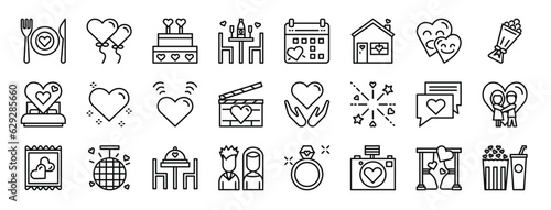 set of 24 outline web date night icons such as restaurant, balloons, wedding cake, dinner, date, house, hearts vector icons for report, presentation, diagram, web design, mobile app