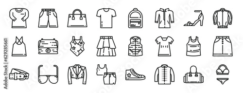 set of 24 outline web fashion style icons such as shirt, shorts, handbag, shirt, backpack, coat, high heel vector icons for report, presentation, diagram, web design, mobile app