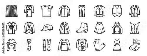 set of 24 outline web fashion style icons such as skirt  dress  shirt  shirt  jeans  suit  vest suit vector icons for report  presentation  diagram  web design  mobile app