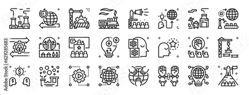 set of 24 outline web industrial revolution icons such as factory, history, construction, train, propaganda, inventor, coal vector icons for report, presentation, diagram, web design, mobile app