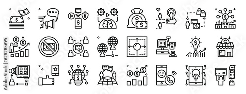 set of 24 outline web cashless society icons such as money, promote, , behavior, money bag, sell, purchase vector icons for report, presentation, diagram, web design, mobile app