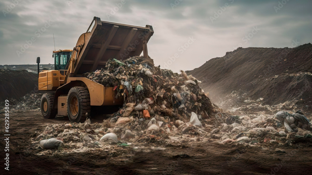 Landscape with trash piles. Bulldozer driver manages the garbage. Plastic pollution and waste recycling process. Generative Ai technology. Landscape with trash piles. Bulldozer driver manages the garbage. Plastic pollution and waste recycling process. Generative Ai technology.