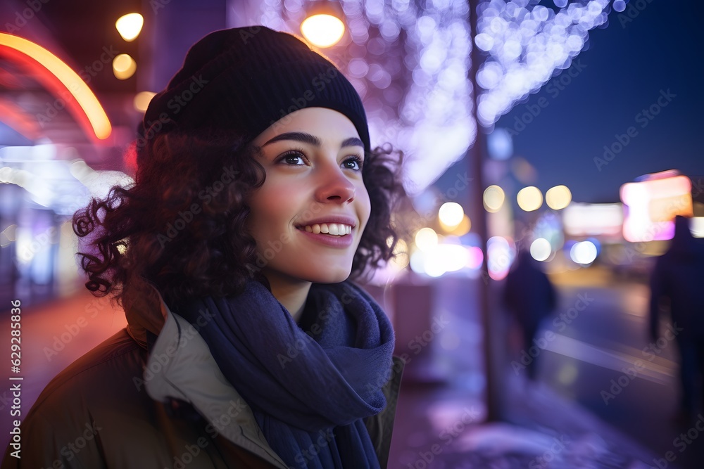 A young smiling brunette woman in the evening city illuminated by neon light A young smiling brunette woman in the evening city illuminated by neon light