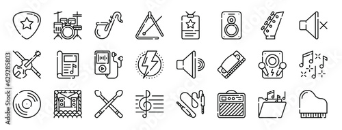 set of 24 outline web music icons such as guitar pick, drum, sax, triangle, id card, speaker, bass guitar vector icons for report, presentation, diagram, web design, mobile app