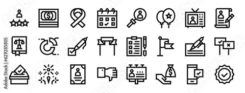 set of 24 outline web voting elections icons such as rate, money, ribbon, calendar, search, balloons, live show vector icons for report, presentation, diagram, web design, mobile app