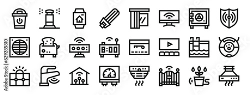 set of 24 outline web smart home icons such as trash, irrigation, watch, lamp, smart curtain, smart tv, safe box vector icons for report, presentation, diagram, web design, mobile app