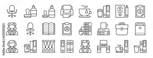 set of 24 outline web workplace icons such as desk chair, stamp, stamp, printer, tea cup, coffee break, certificate vector icons for report, presentation, diagram, web design, mobile app