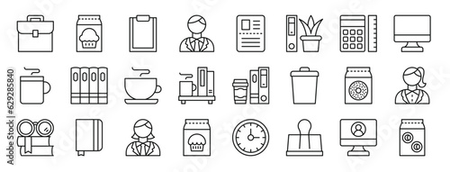 set of 24 outline web workplace icons such as briefcase, cupcakes, clipboard, businessman, id card, plant, calculator vector icons for report, presentation, diagram, web design, mobile app