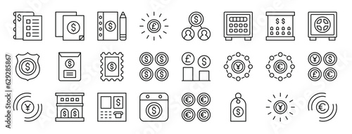 set of 24 outline web money icons such as invoice, invoice, invoice, pound sterling, payment, safebox, bank vector icons for report, presentation, diagram, web design, mobile app