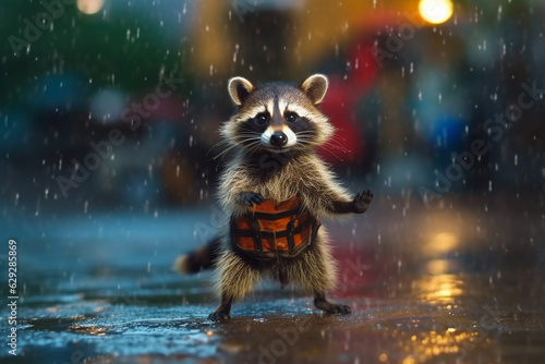 Playful Raccoon Having Fun in the Rainy Weather AI generated © artefacti