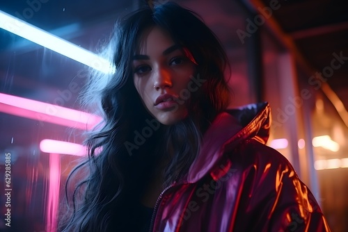 A young brunette woman looking at camera in the evening city illuminated by neon light
