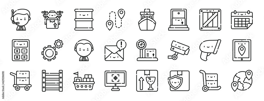 set of 24 outline web logistic icons such as customer service, drone, barrel, route, ship, home, wooden vector icons for report, presentation, diagram, web design, mobile app set of 24 outline web logistic icons such as customer service, drone, barrel, route, ship, home, wooden vector icons for report, presentation, diagram, web design, mobile app
